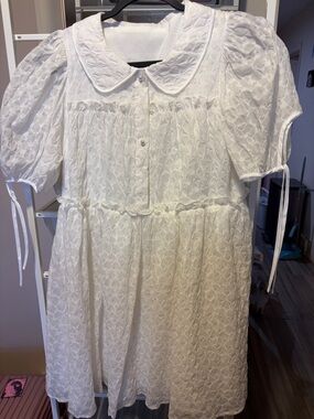 White Eyelet Puff Sleeve Dress with Peter Pan Collar